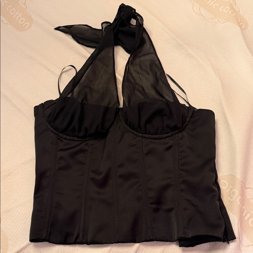 Princess Polly Ashely Sheer Corset Halter Top Black Lace Up Satin Size US8 NWT